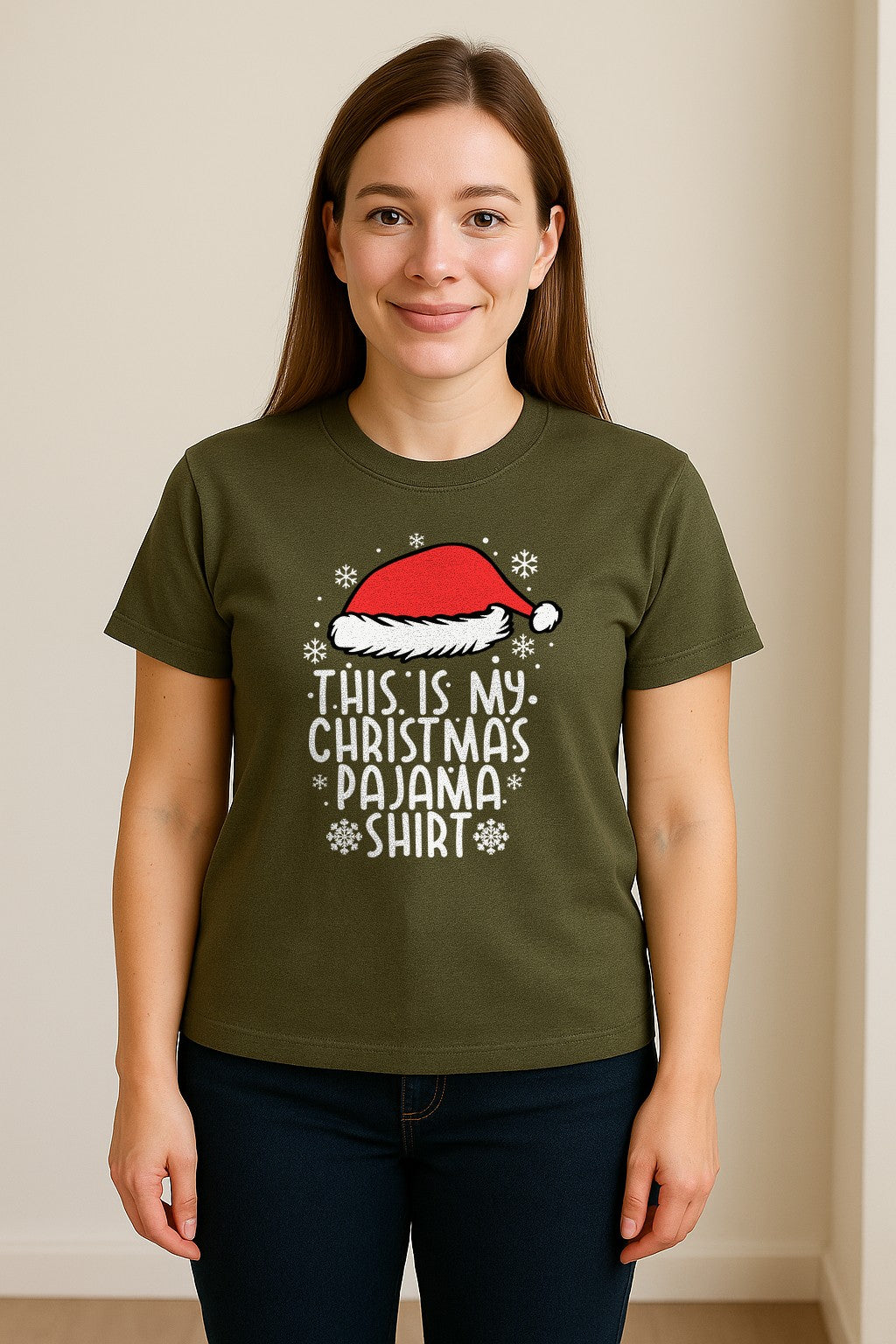 Christmas Pajama T-Shirt with Santa Hat and Snowflakes for Matching Family Sleepwear and Holiday Parties