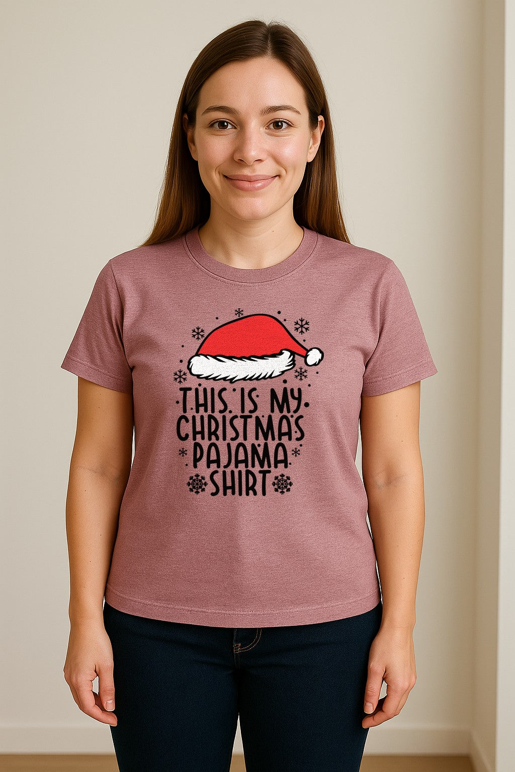 Christmas Pajama T-Shirt with Santa Hat and Snowflakes for Matching Family Sleepwear and Holiday Parties