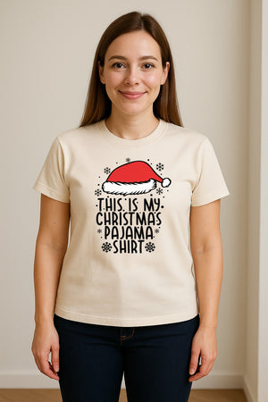 Christmas Pajama T-Shirt with Santa Hat and Snowflakes for Matching Family Sleepwear and Holiday Parties