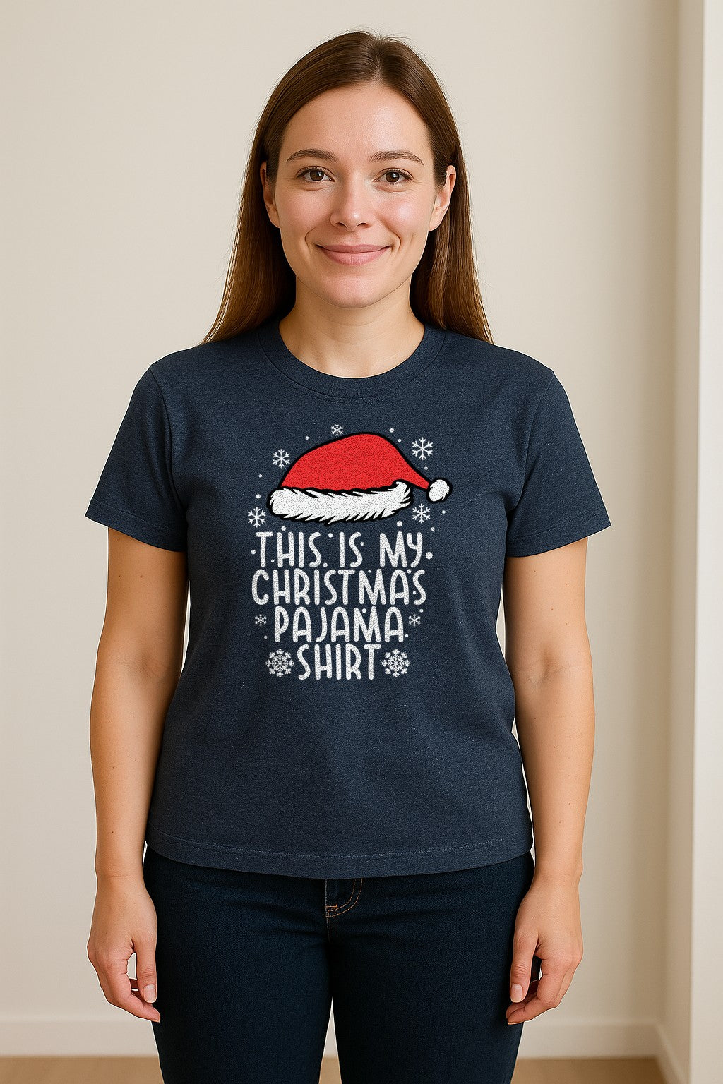 Christmas Pajama T-Shirt with Santa Hat and Snowflakes for Matching Family Sleepwear and Holiday Parties