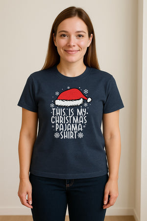 Christmas Pajama T-Shirt with Santa Hat and Snowflakes for Matching Family Sleepwear and Holiday Parties