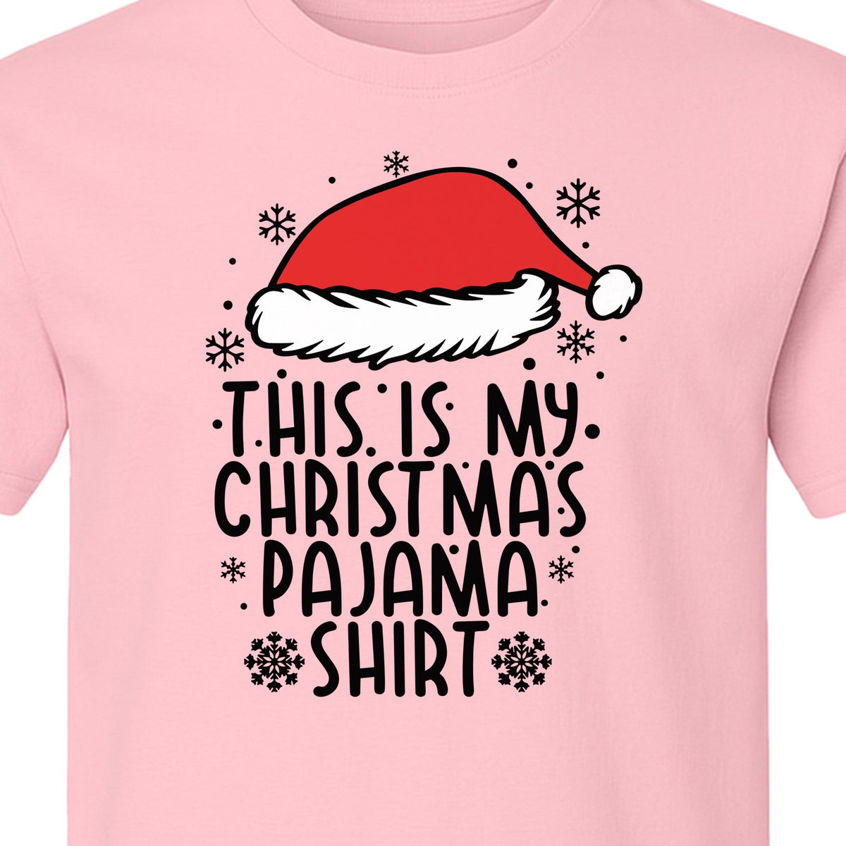 Christmas Pajama T-Shirt with Santa Hat and Snowflakes for Matching Family Sleepwear and Holiday Parties