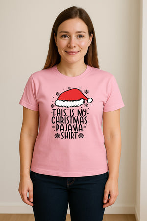 Christmas Pajama T-Shirt with Santa Hat and Snowflakes for Matching Family Sleepwear and Holiday Parties