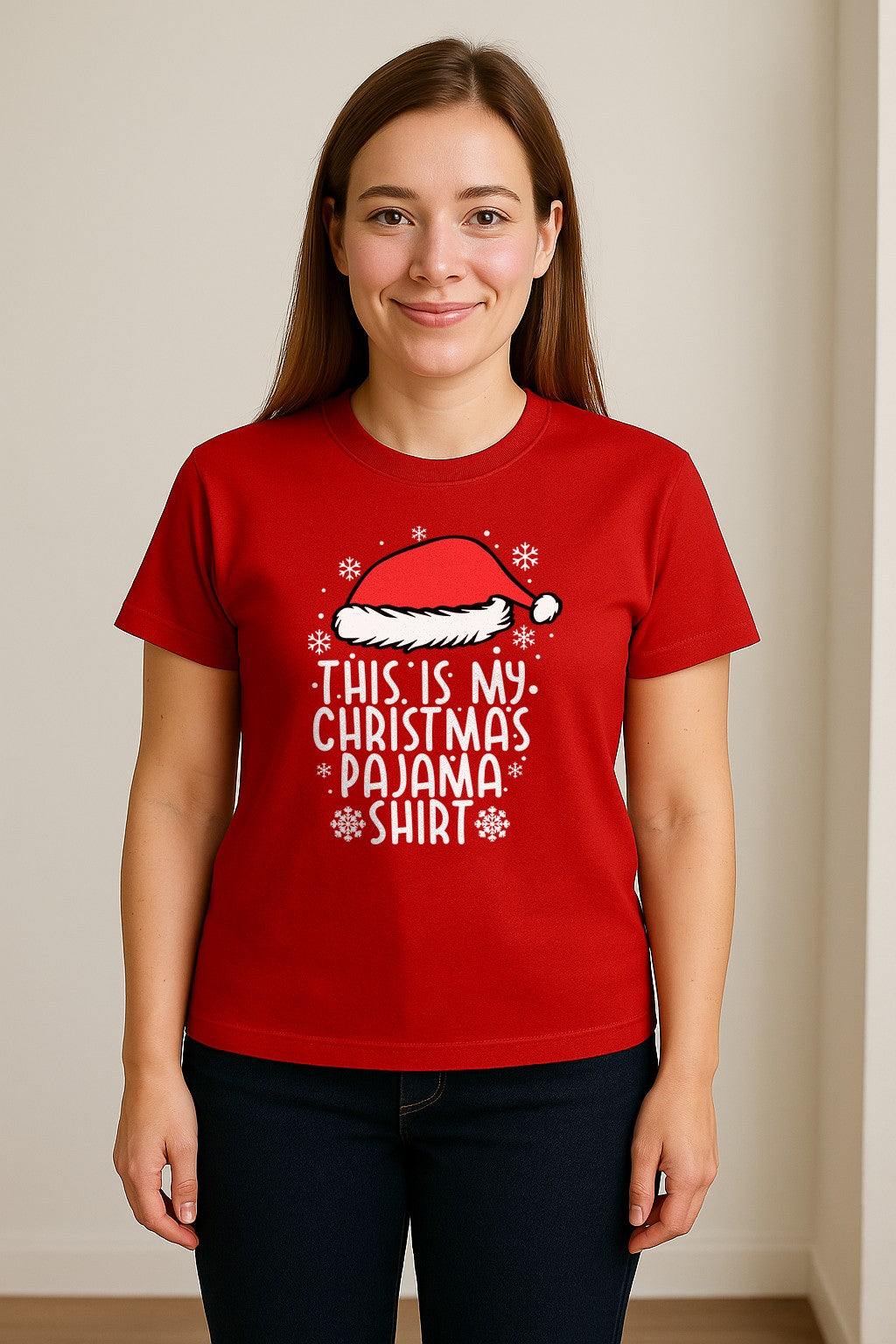 Christmas Pajama T-Shirt with Santa Hat and Snowflakes for Matching Family Sleepwear and Holiday Parties