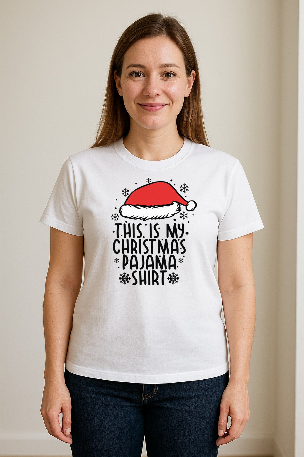 Christmas Pajama T-Shirt with Santa Hat and Snowflakes for Matching Family Sleepwear and Holiday Parties