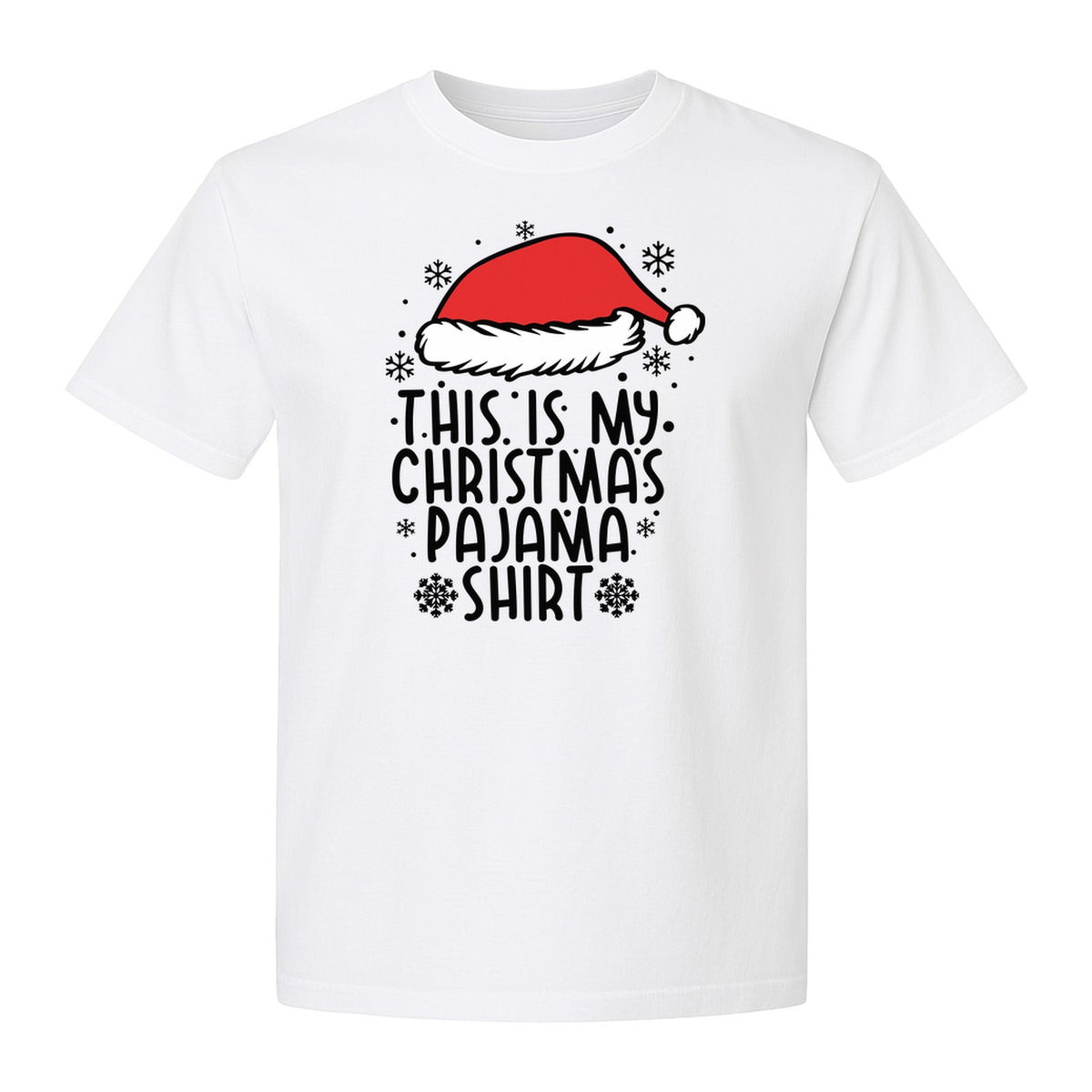 Christmas Pajama T-Shirt with Santa Hat and Snowflakes for Matching Family Sleepwear and Holiday Parties