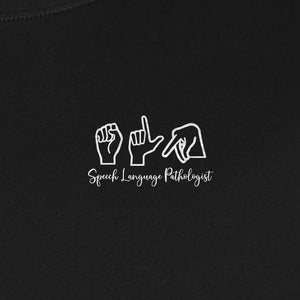Speech Language Pathologist T-Shirt, ASL Hand Sign Pocket Design for SLP Professionals