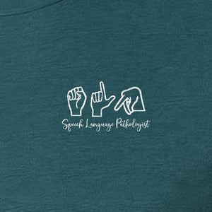 Speech Language Pathologist T-Shirt, ASL Hand Sign Pocket Design for SLP Professionals