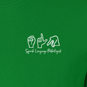 Speech Language Pathologist T-Shirt, ASL Hand Sign Pocket Design for SLP Professionals