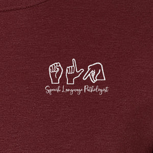 Speech Language Pathologist T-Shirt, ASL Hand Sign Pocket Design for SLP Professionals