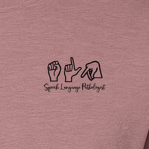 Speech Language Pathologist T-Shirt, ASL Hand Sign Pocket Design for SLP Professionals