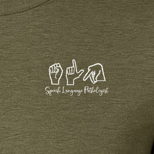 Speech Language Pathologist T-Shirt, ASL Hand Sign Pocket Design for SLP Professionals