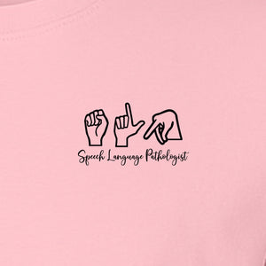 Speech Language Pathologist T-Shirt, ASL Hand Sign Pocket Design for SLP Professionals