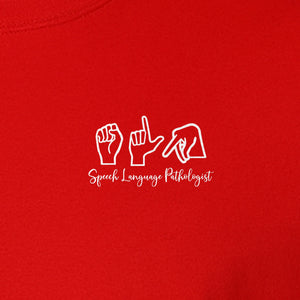 Speech Language Pathologist T-Shirt, ASL Hand Sign Pocket Design for SLP Professionals