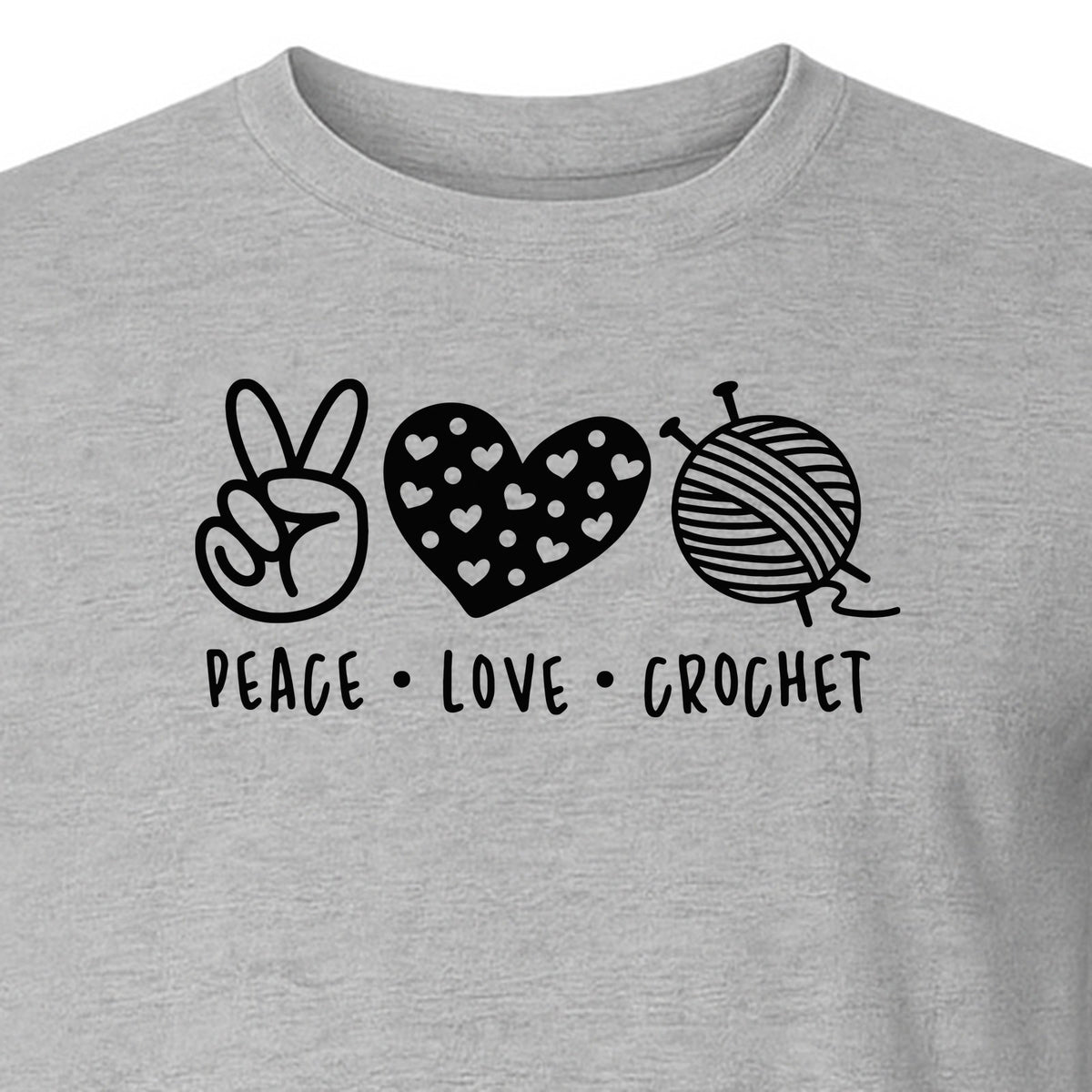 Peace Love Crochet T-Shirt, Yarn Ball Graphic for Crocheters and Craft Lovers