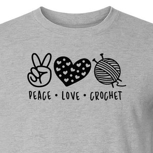 Peace Love Crochet T-Shirt, Yarn Ball Graphic for Crocheters and Craft Lovers