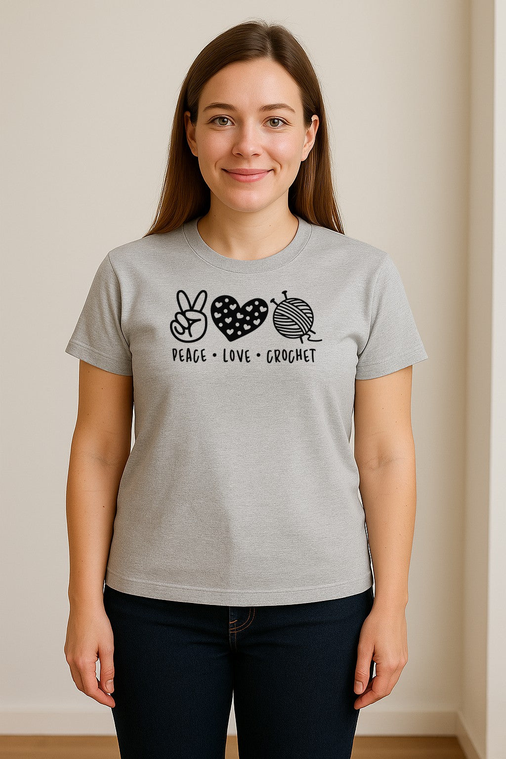 Peace Love Crochet T-Shirt, Yarn Ball Graphic for Crocheters and Craft Lovers