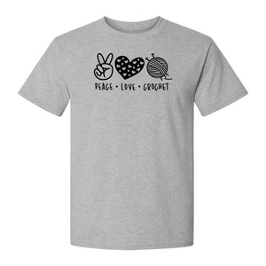 Peace Love Crochet T-Shirt, Yarn Ball Graphic for Crocheters and Craft Lovers