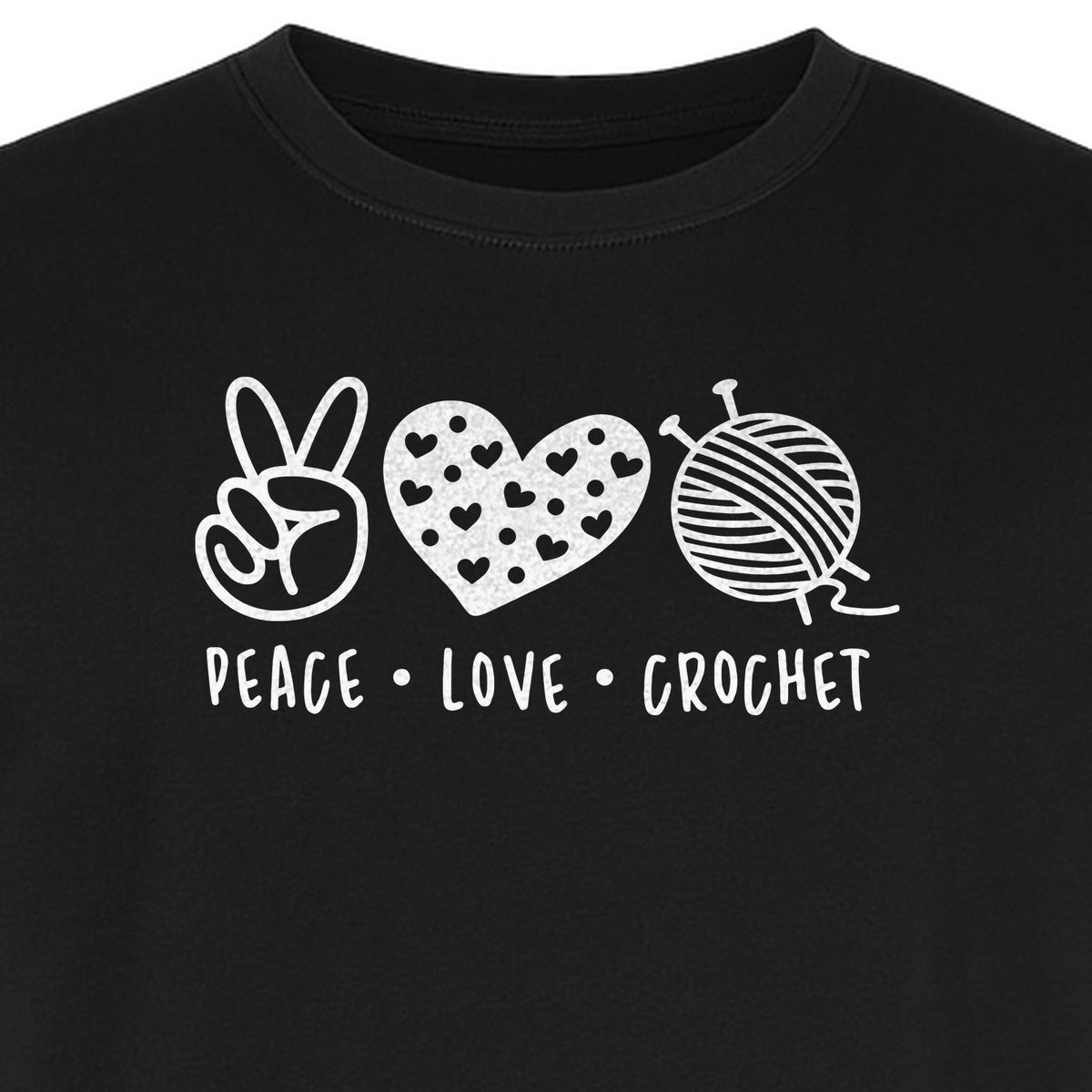 Peace Love Crochet T-Shirt, Yarn Ball Graphic for Crocheters and Craft Lovers