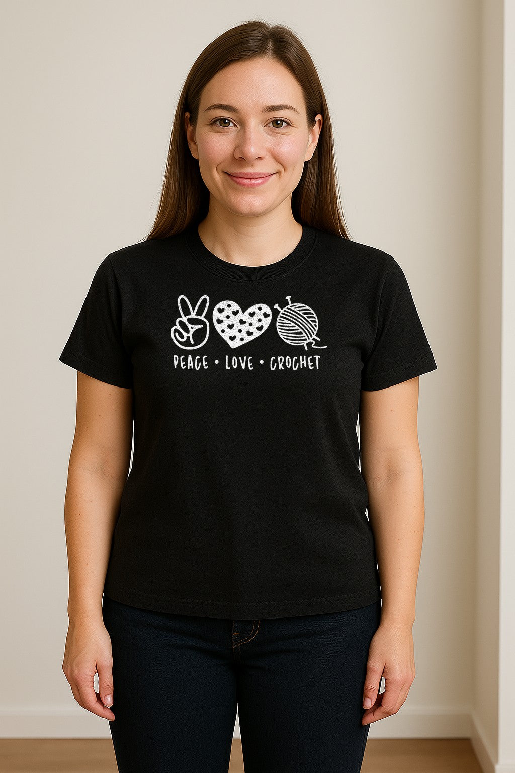 Peace Love Crochet T-Shirt, Yarn Ball Graphic for Crocheters and Craft Lovers
