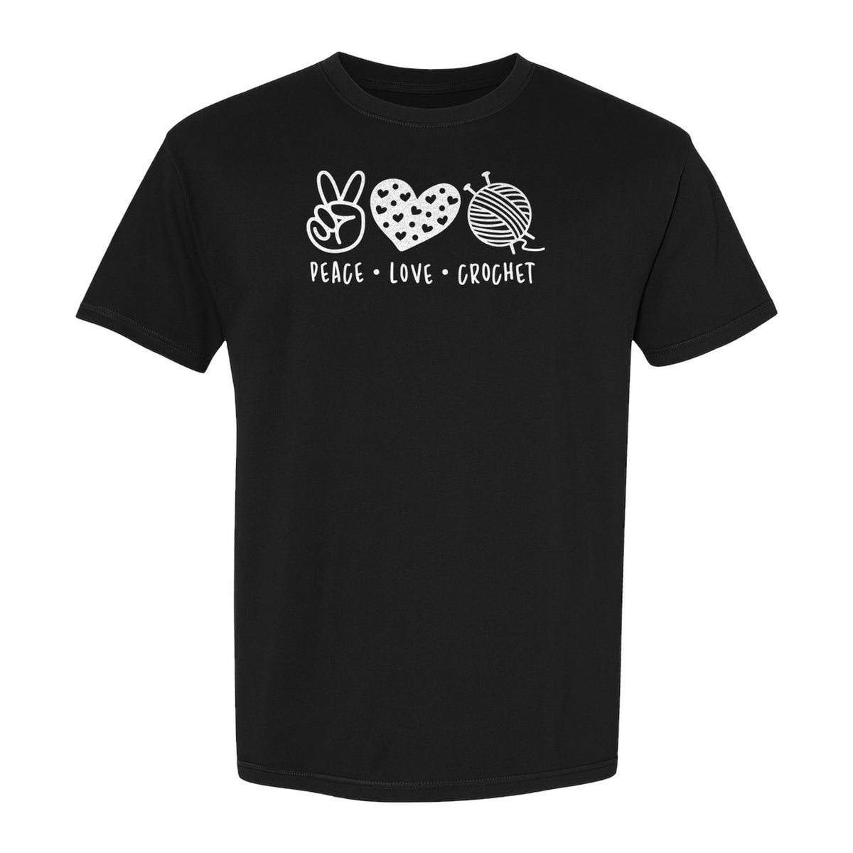 Peace Love Crochet T-Shirt, Yarn Ball Graphic for Crocheters and Craft Lovers