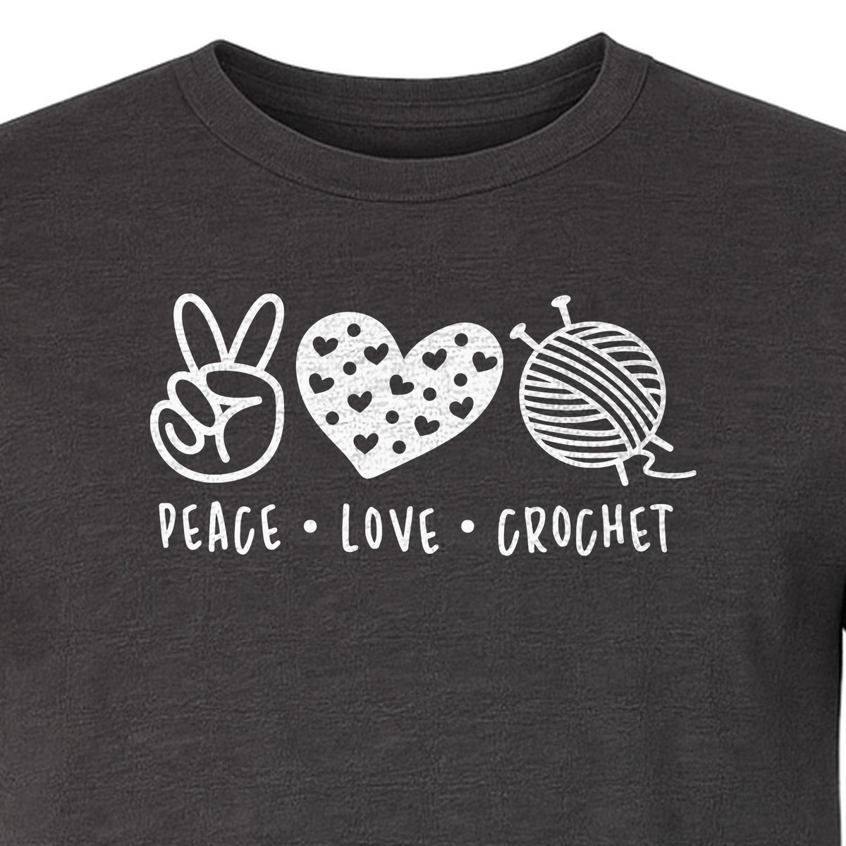Peace Love Crochet T-Shirt, Yarn Ball Graphic for Crocheters and Craft Lovers