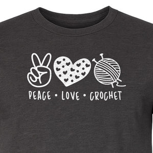 Peace Love Crochet T-Shirt, Yarn Ball Graphic for Crocheters and Craft Lovers