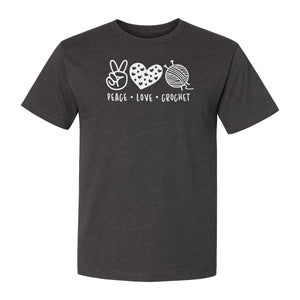 Peace Love Crochet T-Shirt, Yarn Ball Graphic for Crocheters and Craft Lovers