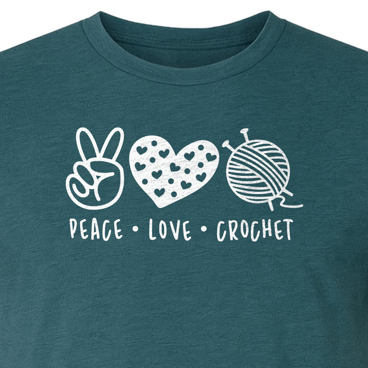 Peace Love Crochet T-Shirt, Yarn Ball Graphic for Crocheters and Craft Lovers