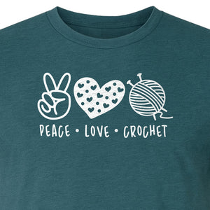 Peace Love Crochet T-Shirt, Yarn Ball Graphic for Crocheters and Craft Lovers