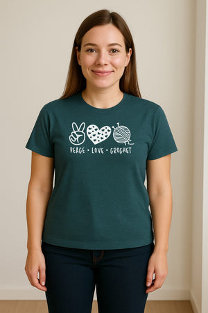 Peace Love Crochet T-Shirt, Yarn Ball Graphic for Crocheters and Craft Lovers