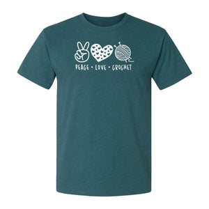 Peace Love Crochet T-Shirt, Yarn Ball Graphic for Crocheters and Craft Lovers