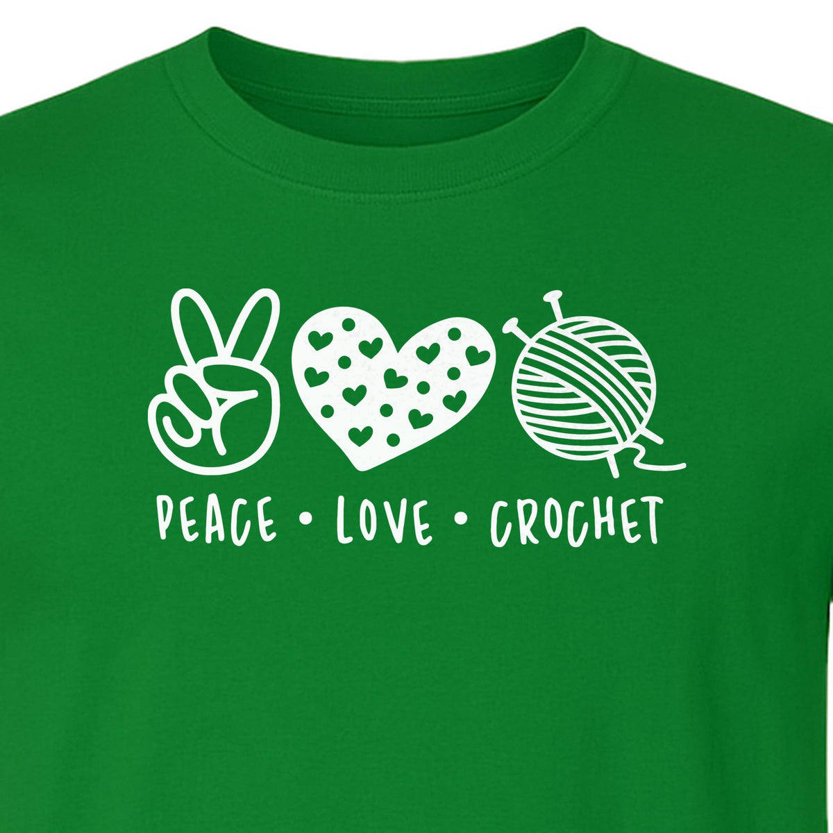 Peace Love Crochet T-Shirt, Yarn Ball Graphic for Crocheters and Craft Lovers