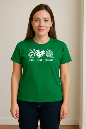 Peace Love Crochet T-Shirt, Yarn Ball Graphic for Crocheters and Craft Lovers