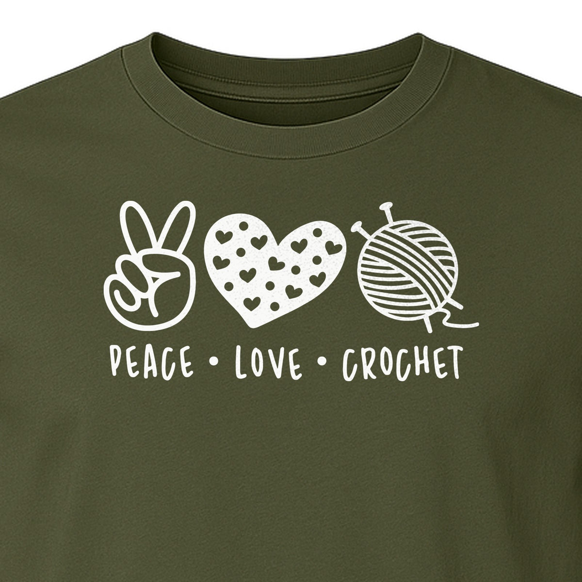 Peace Love Crochet T-Shirt, Yarn Ball Graphic for Crocheters and Craft Lovers