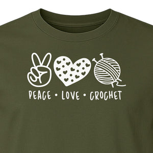 Peace Love Crochet T-Shirt, Yarn Ball Graphic for Crocheters and Craft Lovers