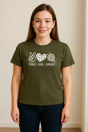 Peace Love Crochet T-Shirt, Yarn Ball Graphic for Crocheters and Craft Lovers