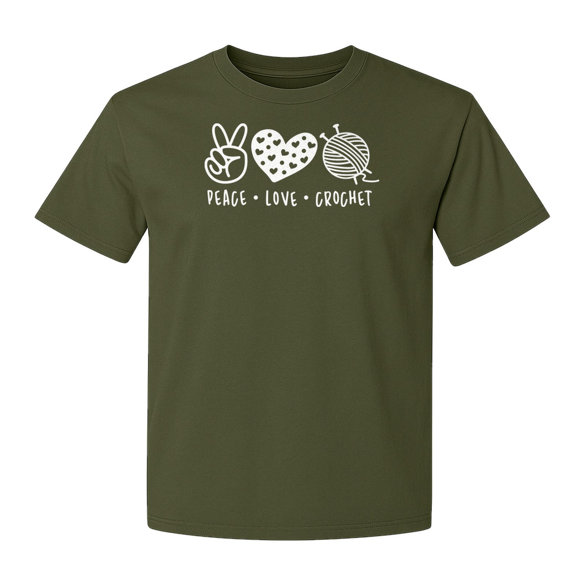 Peace Love Crochet T-Shirt, Yarn Ball Graphic for Crocheters and Craft Lovers