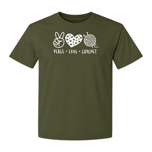 Peace Love Crochet T-Shirt, Yarn Ball Graphic for Crocheters and Craft Lovers