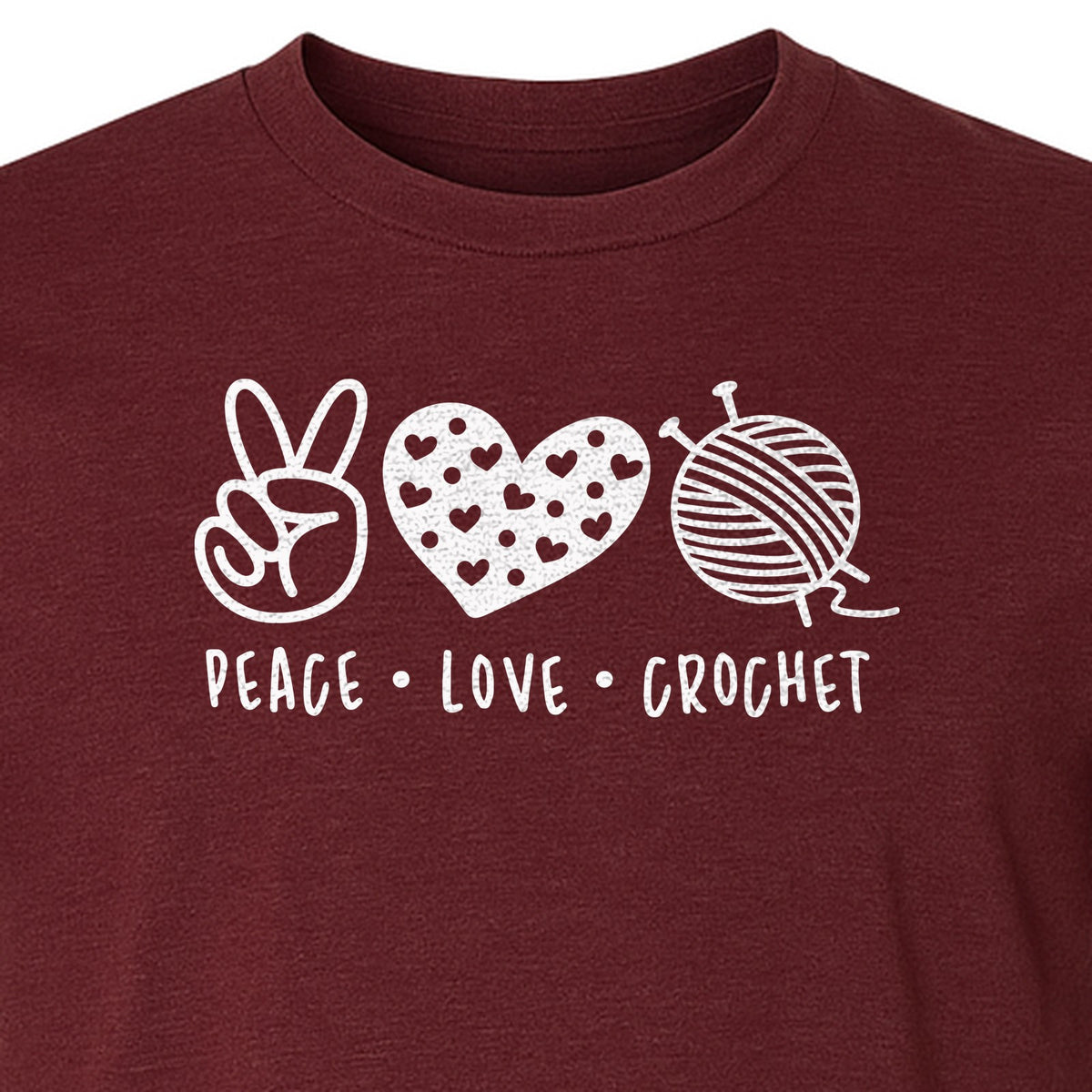 Peace Love Crochet T-Shirt, Yarn Ball Graphic for Crocheters and Craft Lovers