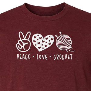 Peace Love Crochet T-Shirt, Yarn Ball Graphic for Crocheters and Craft Lovers