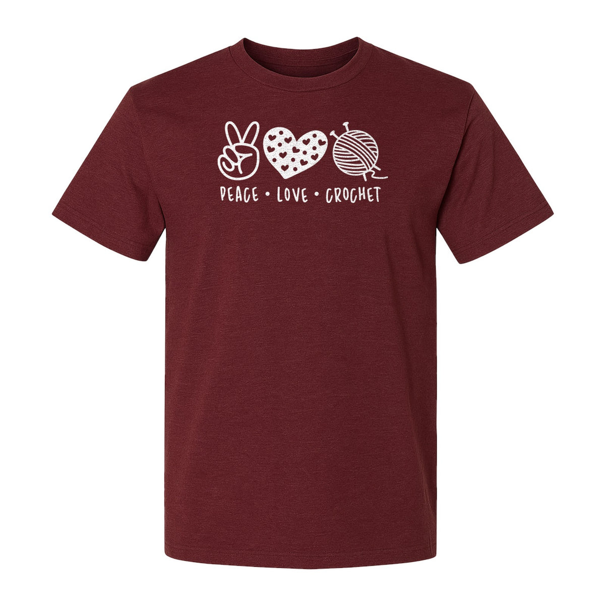 Peace Love Crochet T-Shirt, Yarn Ball Graphic for Crocheters and Craft Lovers