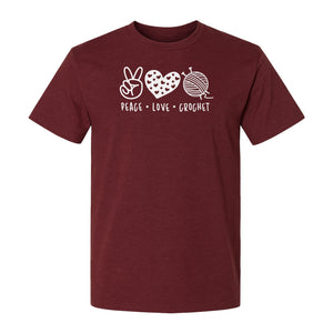 Peace Love Crochet T-Shirt, Yarn Ball Graphic for Crocheters and Craft Lovers