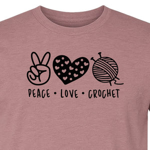 Peace Love Crochet T-Shirt, Yarn Ball Graphic for Crocheters and Craft Lovers