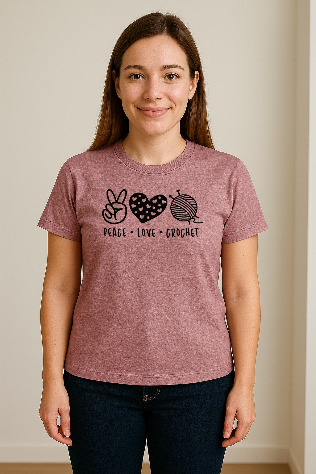 Peace Love Crochet T-Shirt, Yarn Ball Graphic for Crocheters and Craft Lovers