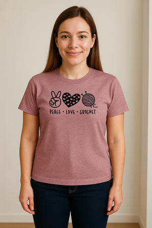 Peace Love Crochet T-Shirt, Yarn Ball Graphic for Crocheters and Craft Lovers