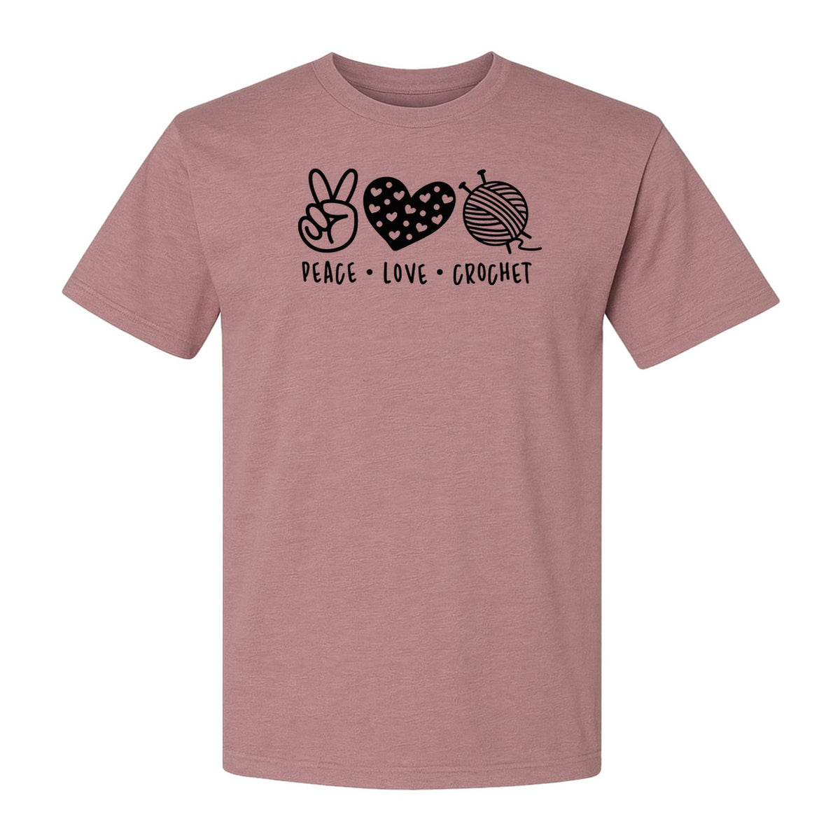 Peace Love Crochet T-Shirt, Yarn Ball Graphic for Crocheters and Craft Lovers
