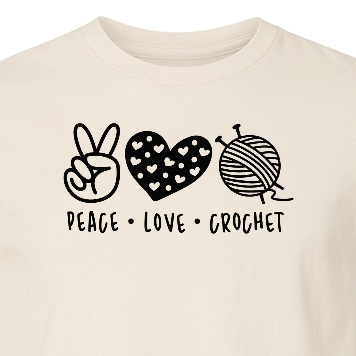 Peace Love Crochet T-Shirt, Yarn Ball Graphic for Crocheters and Craft Lovers
