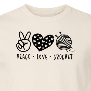 Peace Love Crochet T-Shirt, Yarn Ball Graphic for Crocheters and Craft Lovers