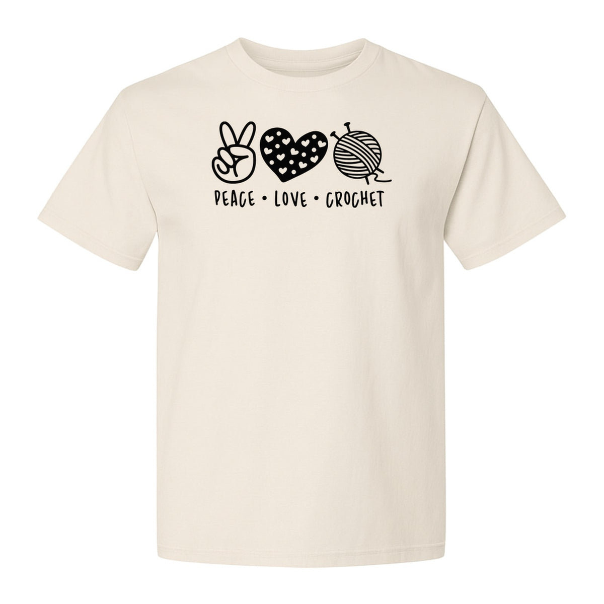 Peace Love Crochet T-Shirt, Yarn Ball Graphic for Crocheters and Craft Lovers